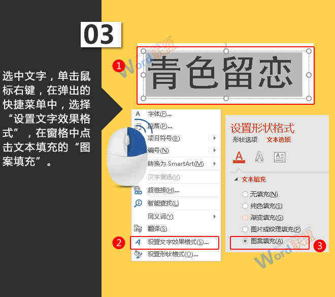 在窗格中点击文本填充的“图案填充”