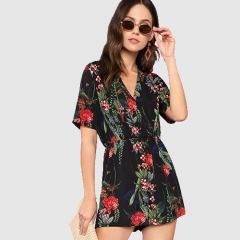 Botanical Print Surplice Wrap Romper Casual Pants